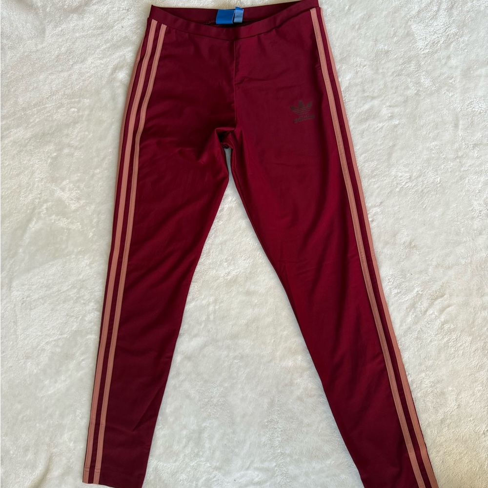 Adidas Women’s  Burgundy Leggings with Pink Stripes